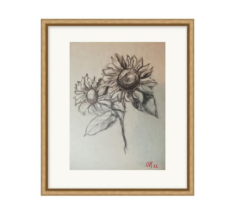 Botanical painting with sunflower, Fowers- botanical Illustrations plant art - โปสเตอร์ - กระดาษ สีเทา