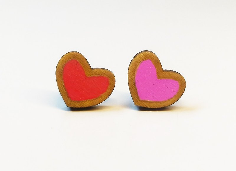 [Pink love heart] color paste wooden earrings - Earrings & Clip-ons - Wood 
