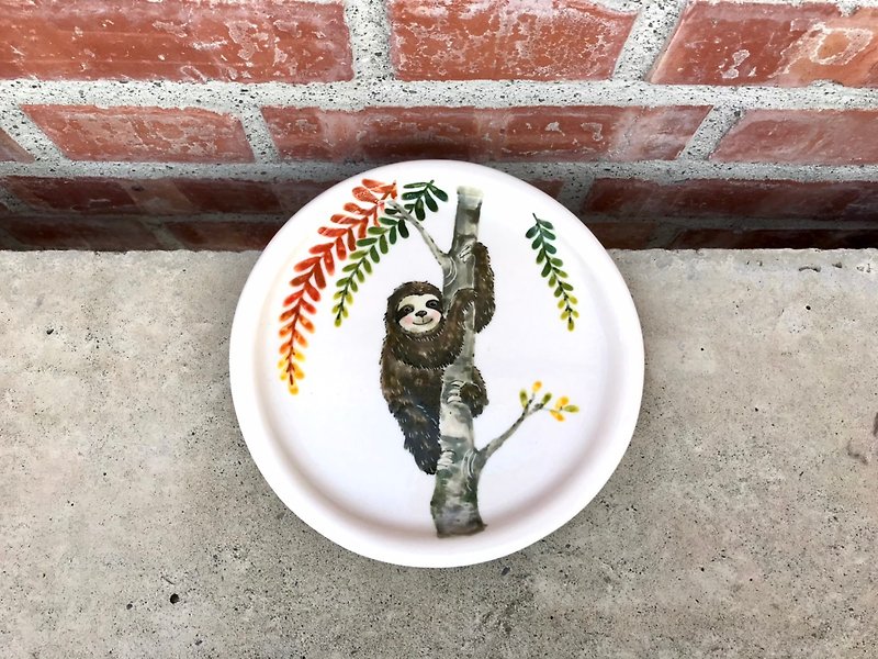 Sloth underglaze painted hand-squeezed disc 2 - Plates & Trays - Porcelain Multicolor
