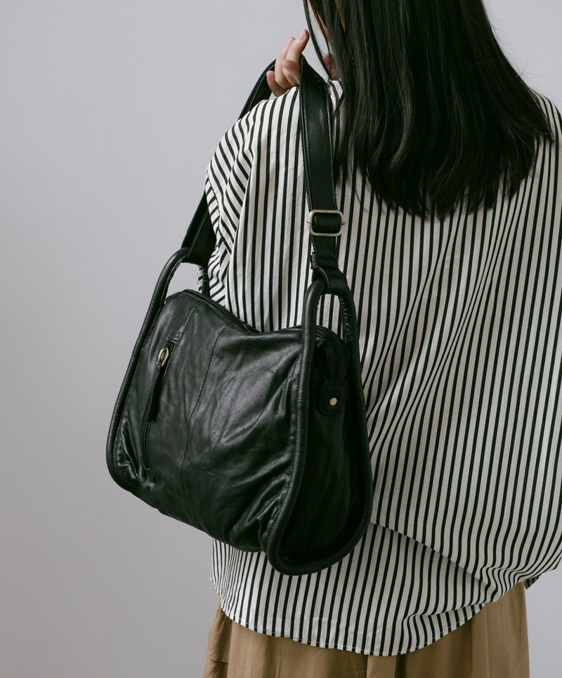 supportingrole廓形方正百搭輕量真皮肩斜背包 黑 - 側背包/斜背包 - 真皮 黑色