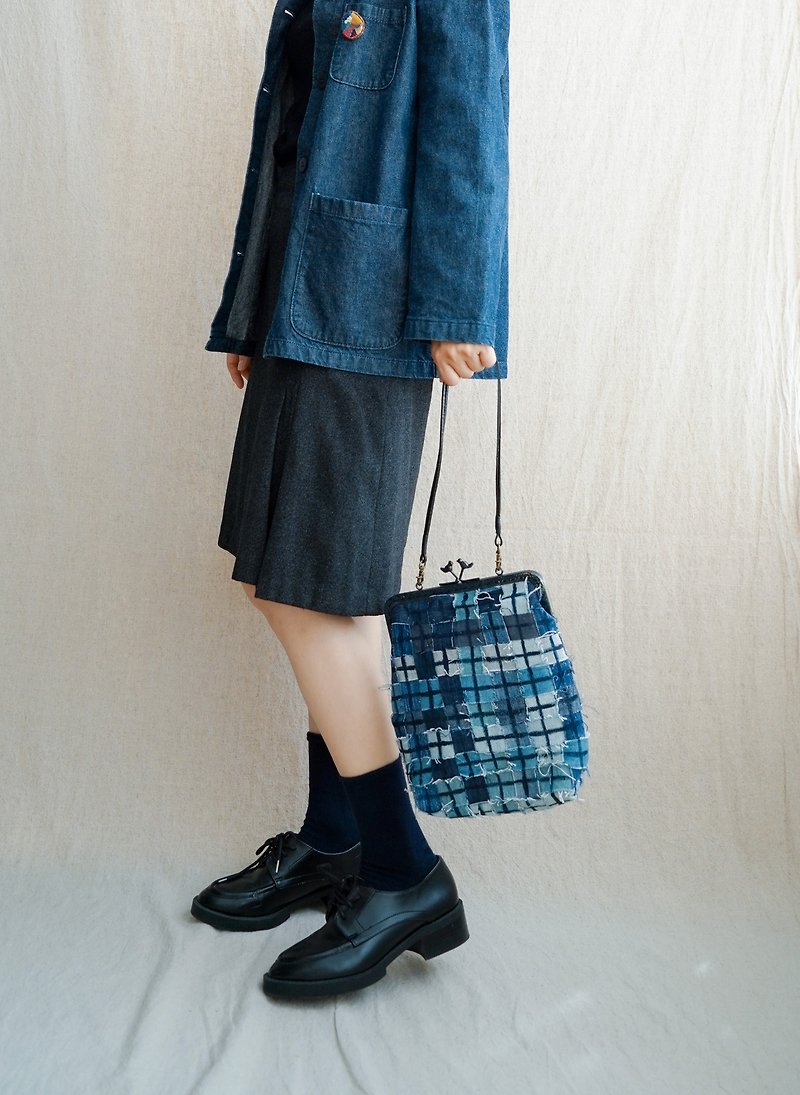 Denim woven handbag genuine leather kiss lock bag HotSummerHotSummer - Messenger Bags & Sling Bags - Cotton & Hemp Blue