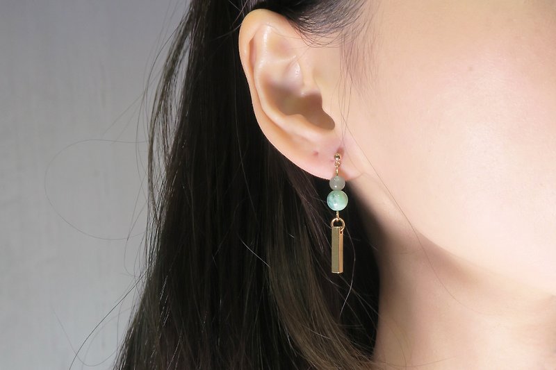OUD Original- Jadeite Beads-Burma Jade-14K gf Bar Cylinder Drop Earring/ Clip-on - Earrings & Clip-ons - 24K Gold Green