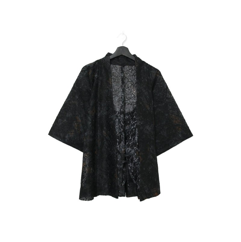 Back to Green-日本帶回羽織 黑透膚 暈染花kt-15/vintage kimono - 女大衣/外套 - 絲．絹 
