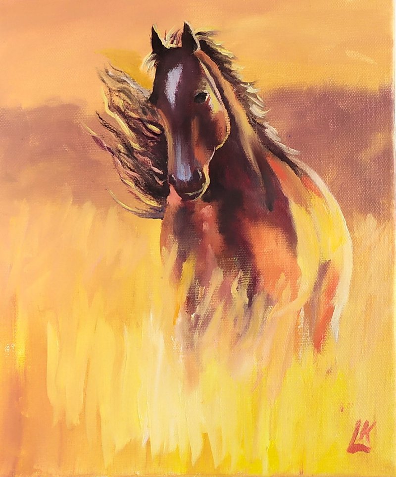Horse Original Oil Painting on Canvas Animal Art Landscape Brown Horse Art - ตกแต่งผนัง - ผ้าฝ้าย/ผ้าลินิน สีทอง
