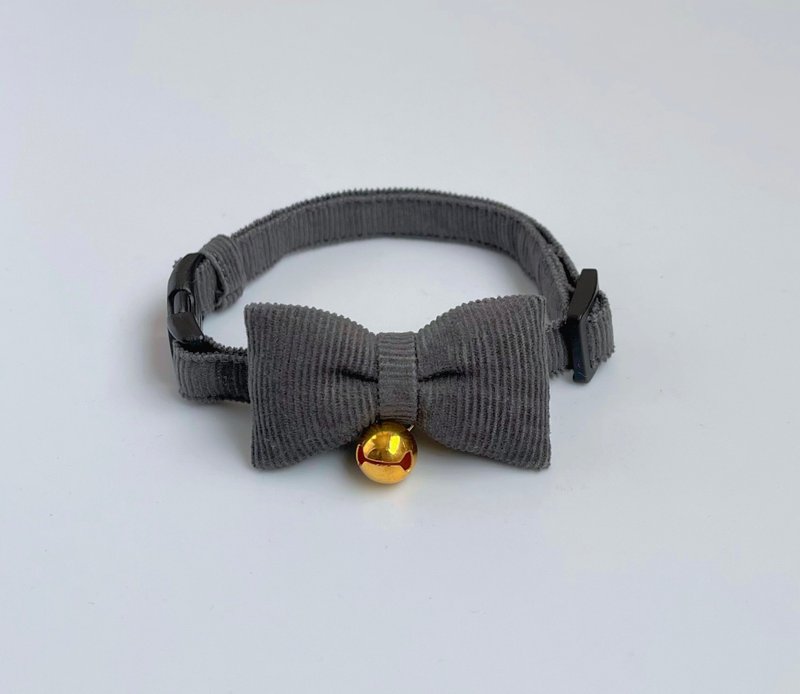 Gray x corduroy ribbon collar cat collar - ปลอกคอ - ผ้าฝ้าย/ผ้าลินิน สีเทา