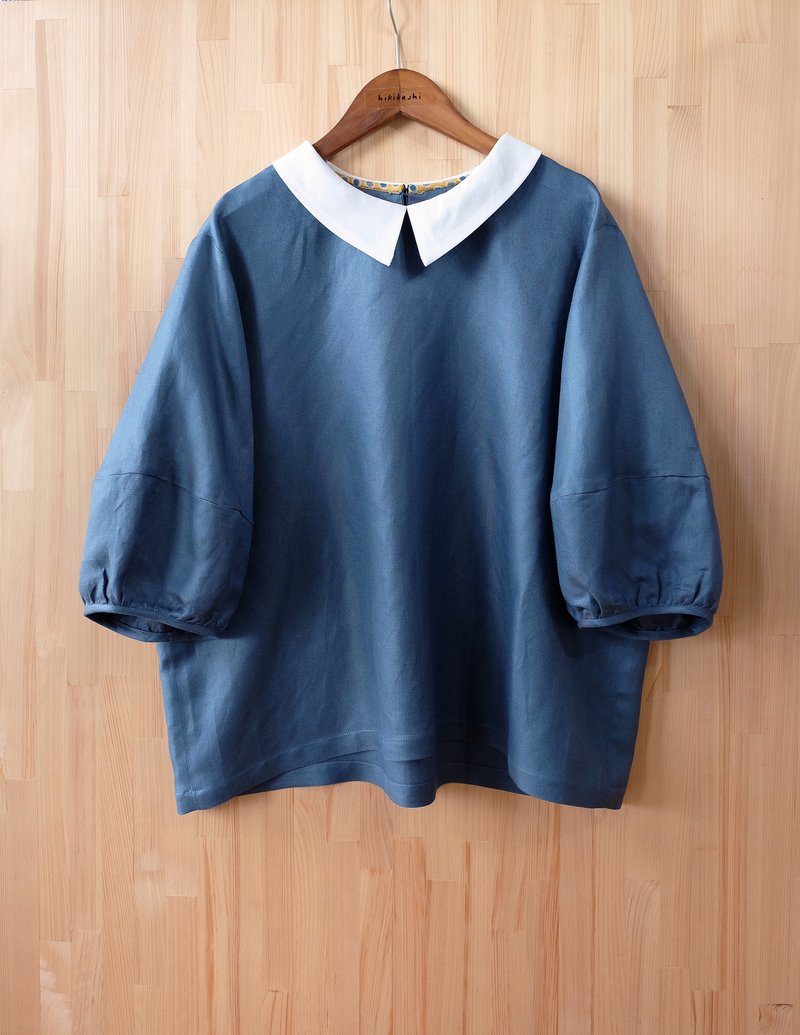 Puff-sleeved blouse with small collar panel/ Teal herringbone pattern - Women's Tops - Cotton & Hemp Blue