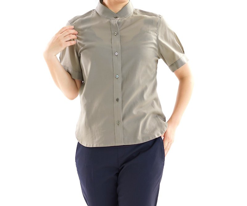 Boyle chiffon stand collar shirt tunic / Amber gray t032f-gry1 - シャツ・ブラウス - コットン・麻 カーキ