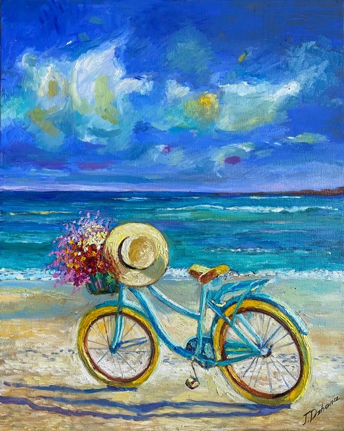 自転車と花と海。オリジナルアート。 インパスト油絵。 - ショップ
