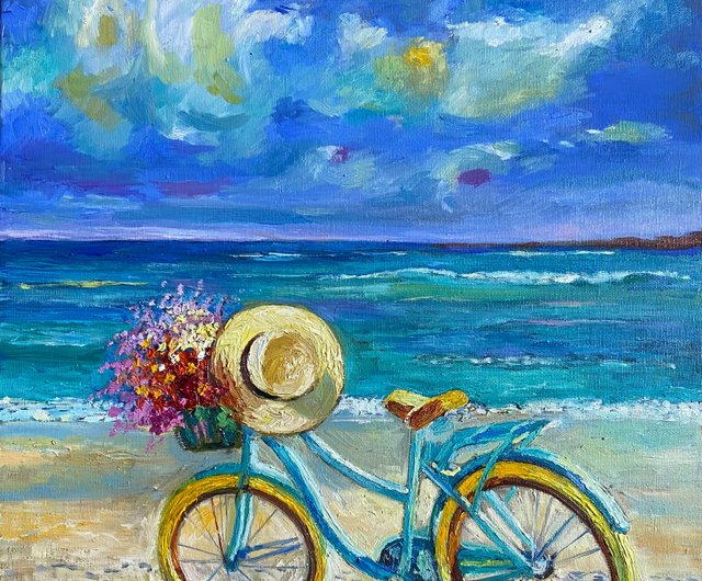 自転車と花と海。オリジナルアート。 インパスト油絵。 - ショップ