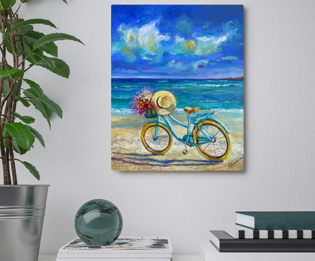 自転車と花と海。オリジナルアート。 インパスト油絵。 - ショップ