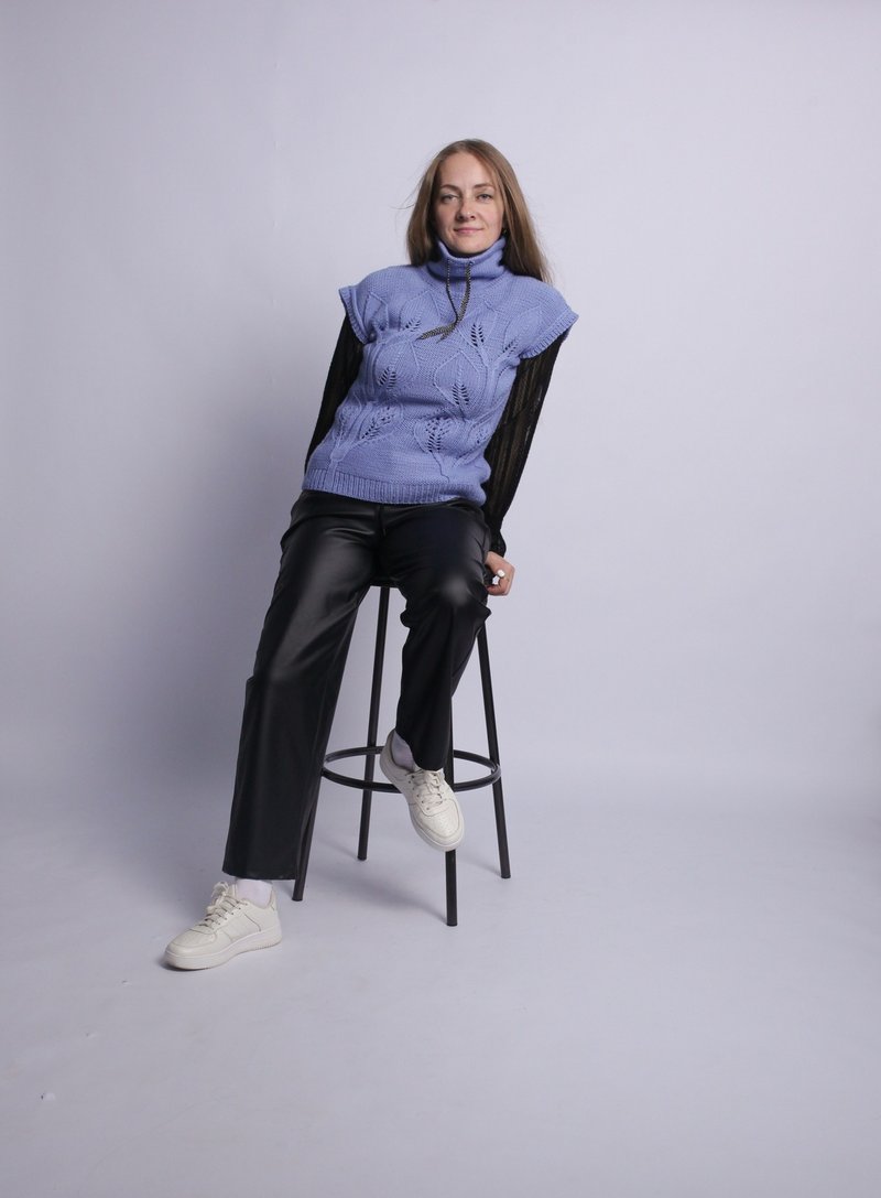 Hand knit sweater vest turtleneck for women , womens clothing , handmade gift - Women's Vests - Wool Blue