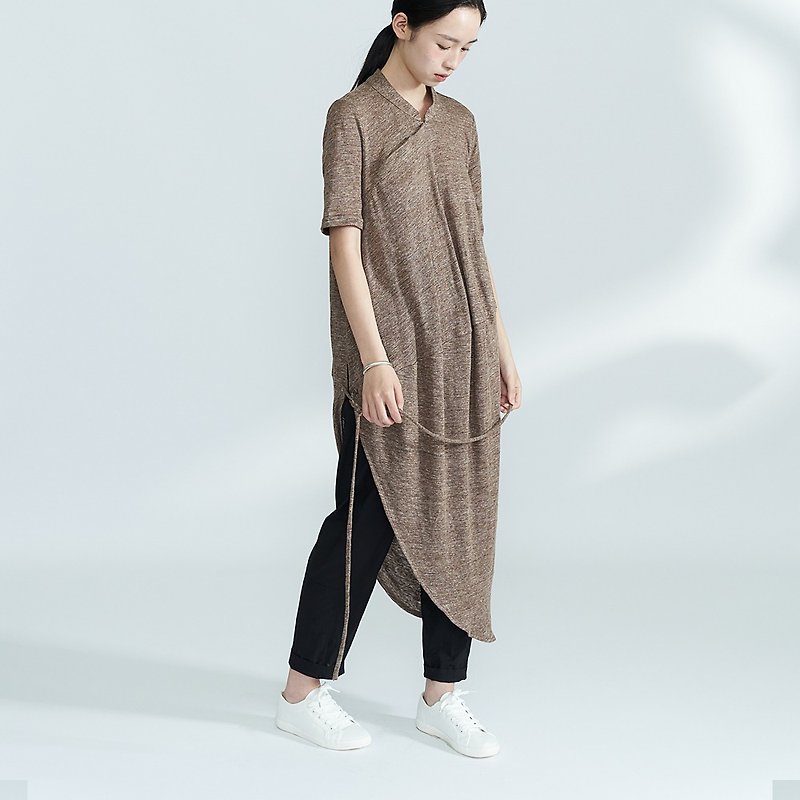 BUFU soft linen asymmetry Chinese-dress D180114 - กี่เพ้า - ผ้าฝ้าย/ผ้าลินิน สีนำ้ตาล