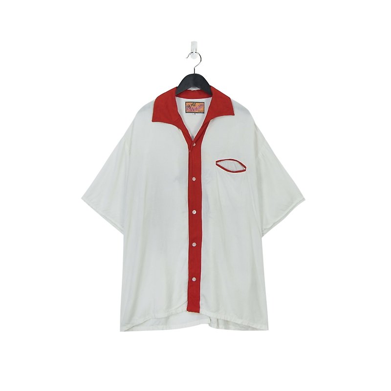 ‧PRANK：DOLLY ::ヴィンテージVINTAGEレッド＆ホワイト刺繍ボウリングシャツT805097 - シャツ メンズ - コットン・麻 ホワイト