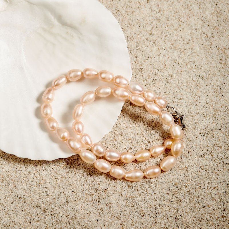 สร้อยคอไข่มุกทรงข้าวสีชมพูธรรมชาติ 7–8 มม. เรียบง่ายสไตล์ญี่ปุ่น ของขวัญวาเลนไทน - สร้อยคอ - ไข่มุก สึชมพู