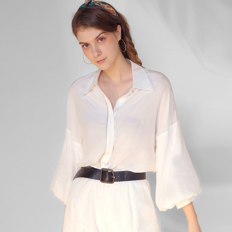 AVVJOY | French puff-sleeved rhinestone-trimmed shirt-primary white - Women's Tops - Other Materials White