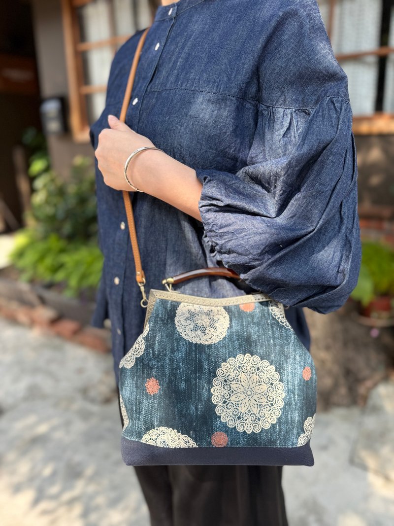 藍調蕾絲口金提包 - 側背包/斜背包 - 棉．麻 橘色