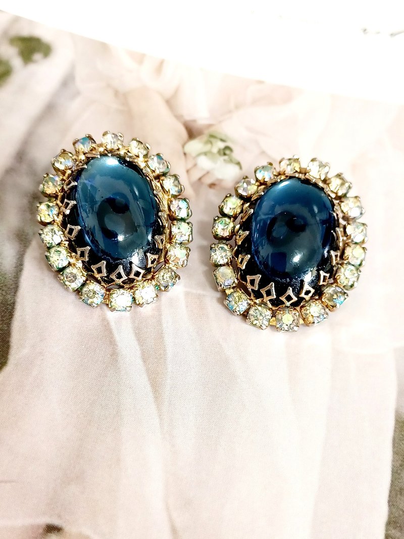 vintage jewelry  古典華麗藍寶萊茵 夾式耳環 - 耳環/耳夾/耳骨夾 - 其他金屬 