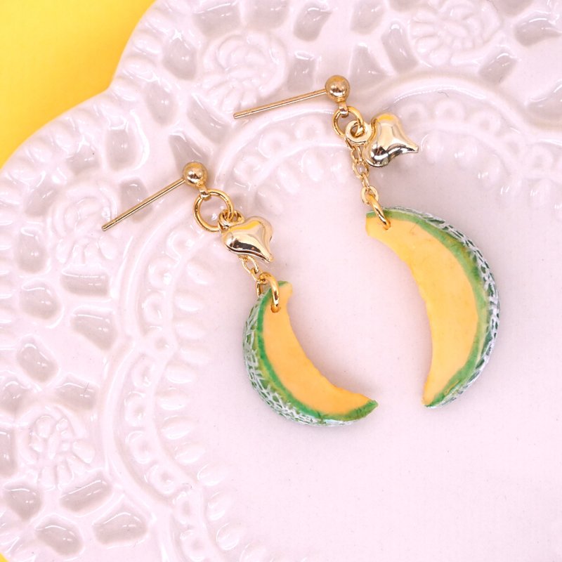 *Playful Design* Miniature Yubari King Melon Drop Earrings - Earrings & Clip-ons - Clay Yellow