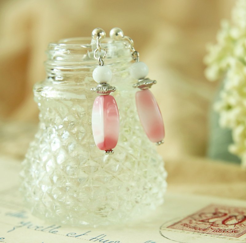 Japanese pink smudged glass bead drop earrings Japanese metal accessories sterling silver - ต่างหู - กระจกลาย สึชมพู