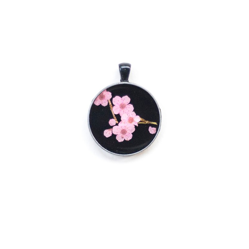 Pink and Black_Plum No.33_Original Only_Flower and Bird_Round 30mm Pendant_With 3mm Natural Leather Chain - สร้อยคอ - โลหะ 