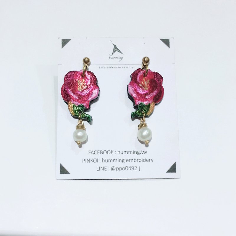 humming-  Subshrubby Peony / Flower /Embroidery earrings - Earrings & Clip-ons - Thread Red