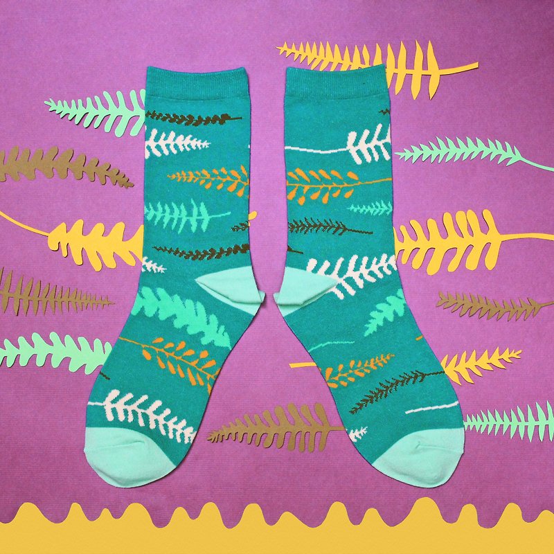 蕨類棉質中筒襪 / 襪子 / 湖水綠 - 襪子 - 棉．麻 綠色