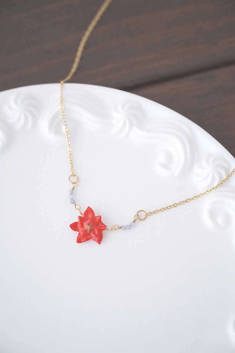 Birth Flower x Birthstone /Dec/ Poinsettia x Tanzanite Necklace - Necklaces - Clay Red