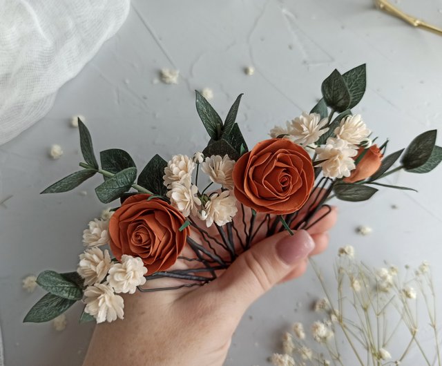 Sage green wedding eucalyptus terracotta hair pins Fall flower rose hair  clip - Shop AlenaWedding Hair Accessories - Pinkoi