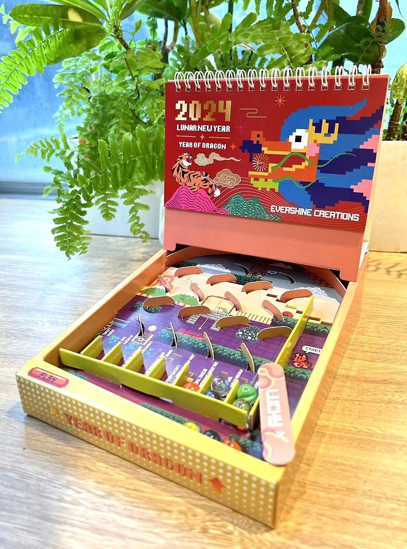 [2024 Year of the Dragon Pinball DIY Gift Box + Desk Calendar] - 3in1 DIY FUN Desk Calendar New Year Gift Box - ปฏิทิน - กระดาษ สีแดง