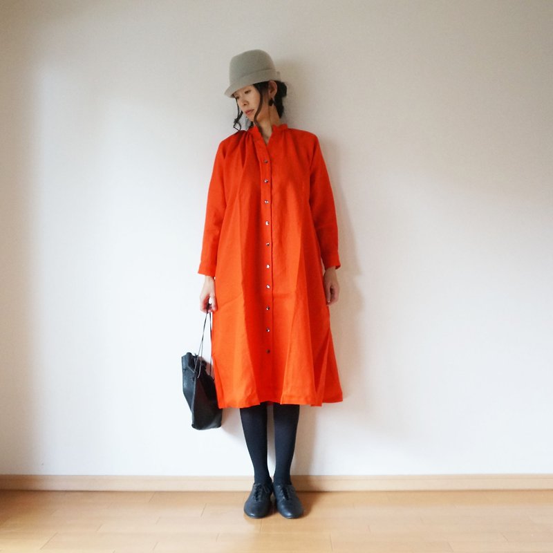 Linen one-piece coat ladies RED (ORANGE) - ชุดเดรส - ผ้าฝ้าย/ผ้าลินิน สีแดง