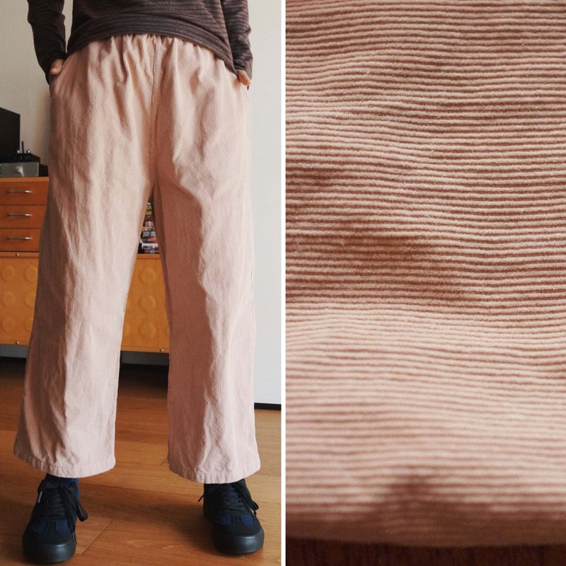 淺粉色細條紋 寬鬆休閒工裝褲 直筒褲 純棉燈芯絨長褲 自然腰 - 女長褲 - 棉．麻 粉紅色