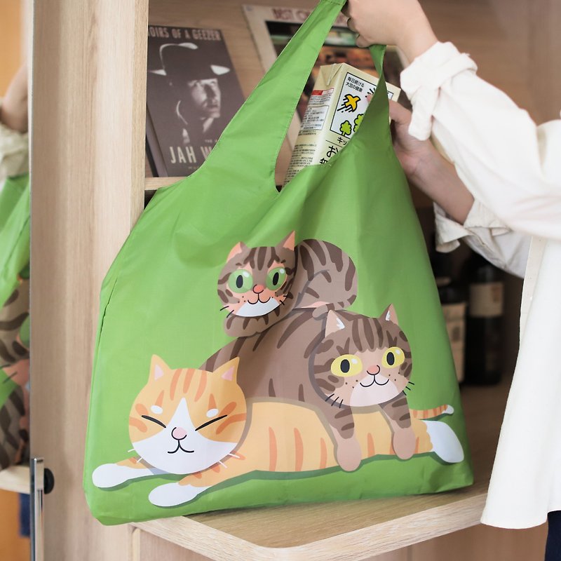 [Curly Cat Bag] Folding Storage Reusable Shopping Bag - Tabby - Handbags & Totes - Polyester Green