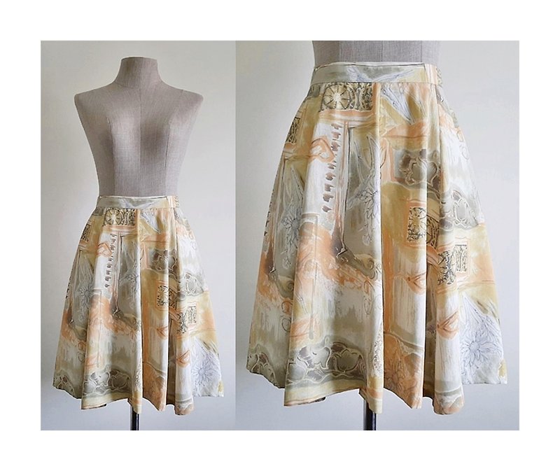Vintage Yellow Orange Abstract Print Skirt - กระโปรง - เส้นใยสังเคราะห์ 