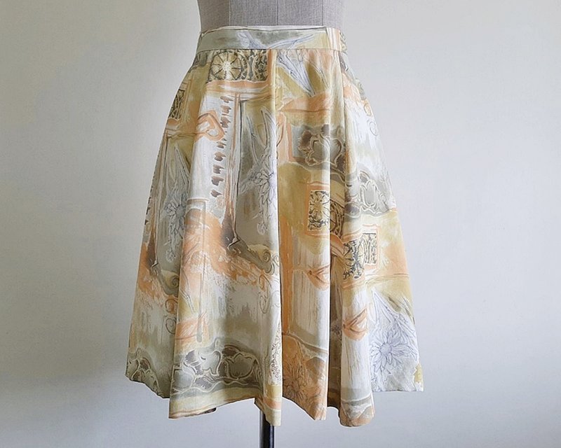 Vintage Yellow Orange Abstract Print Skirt - กระโปรง - เส้นใยสังเคราะห์ 