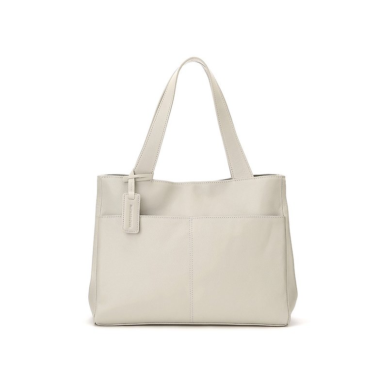 Lightweight Leather Square Tote Bag - Sand White (Grey) (While stocks are sold out) - กระเป๋าถือ - หนังแท้ ขาว