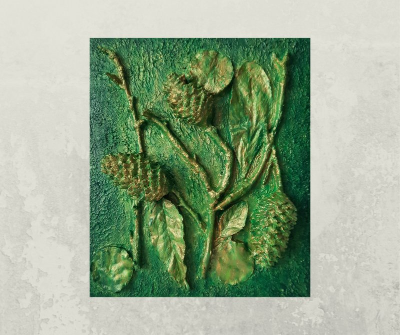 Green Plaster Art, Mixed media sculpture, forest sculpture,Gold and green - Wall Décor - Other Materials Green