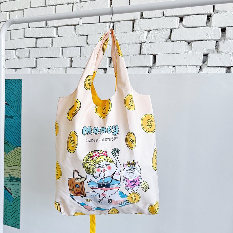 Money makes me happy  Eco bag. Reusable shopping bag. Foldable bag. - กระเป๋าถือ - วัสดุกันนำ้ สีส้ม