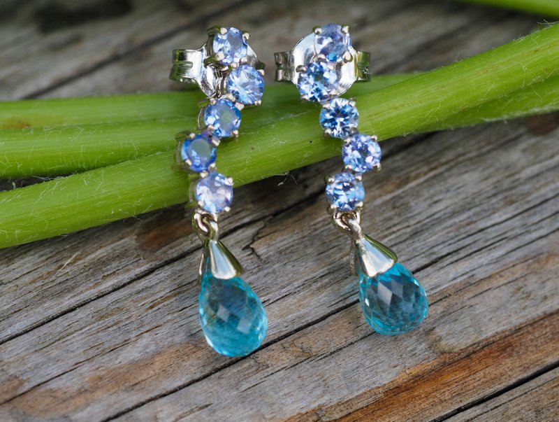 14k gold earrings with topazes and tanzanite. - 耳環/耳夾/耳骨夾 - 貴金屬 橘色