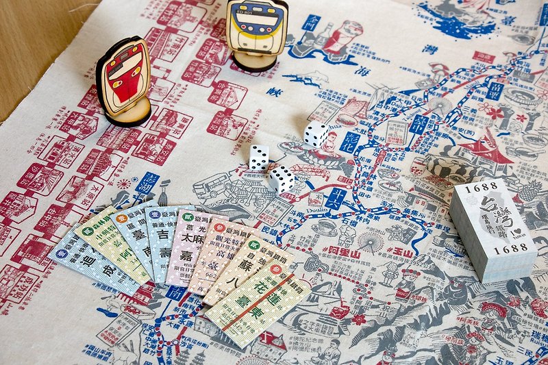 台灣鐵路環島旅行【布見不散。】台灣旅行帆布地圖 × 桌上遊戲組 - 桌遊/卡 Game - 棉．麻 紅色