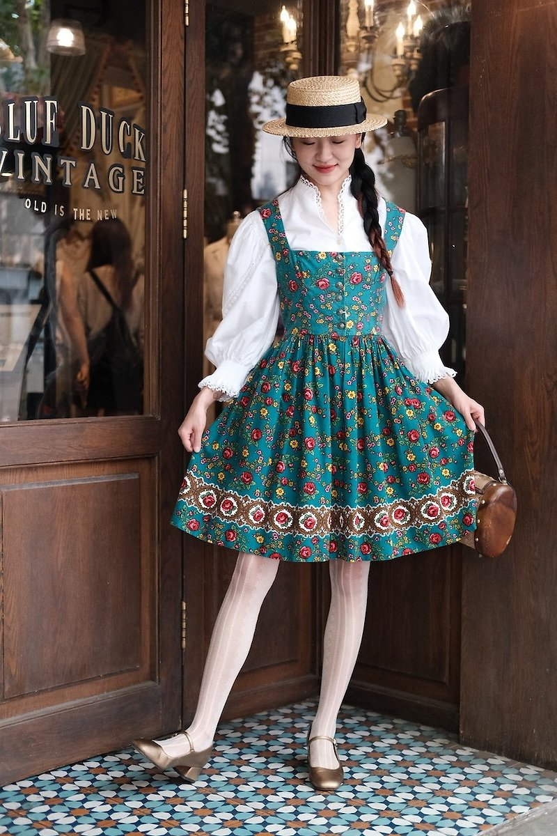 vintagedress Bavarian traditional dirndl malachite green printed dress vintage - One Piece Dresses - Cotton & Hemp 