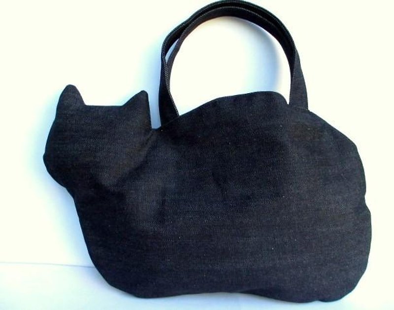 Cat bag denim - กระเป๋าถือ - ผ้าฝ้าย/ผ้าลินิน สีน้ำเงิน