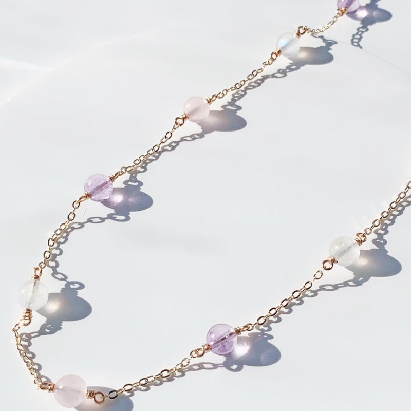 Amethyst powder crystal moonstone 14k gold-packed hand-wound necklace bracelet dual-purpose chain - สร้อยข้อมือ - คริสตัล หลากหลายสี