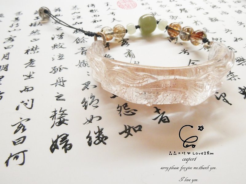 Jingjing Workshop*Love2hm [Nine-tailed Fox-Ban Shengxue] Bronze Titanium Crystal Half Bracelet Hetian Jade Black Gold Super Seven - สร้อยข้อมือ - เครื่องเพชรพลอย สีทอง