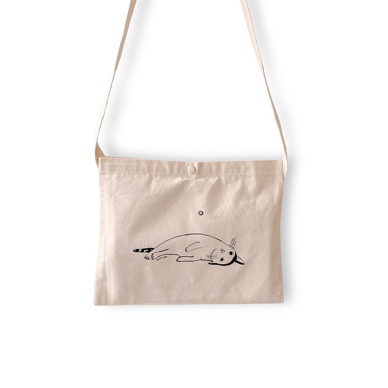 Lazy Kitten - Canvas Bag - Raw Linen - กระเป๋าแมสเซนเจอร์ - ผ้าฝ้าย/ผ้าลินิน สีกากี