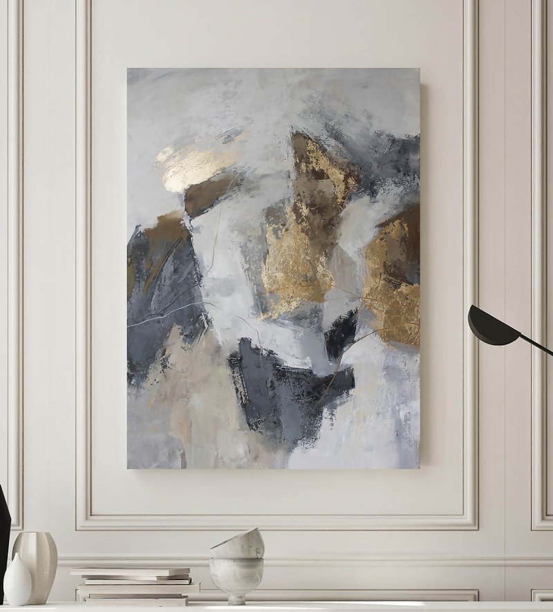Modern neutral wall decor grey and gold framed | Grey Gold Painting | Lead - 壁貼/牆壁裝飾 - 棉．麻 灰色
