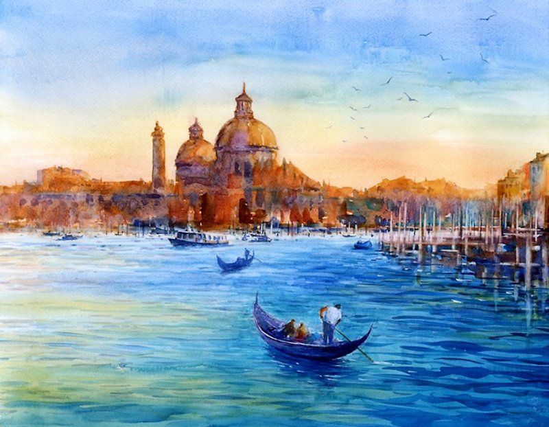 Watercolor Water City of Venice Italy - โปสเตอร์ - กระดาษ สีน้ำเงิน