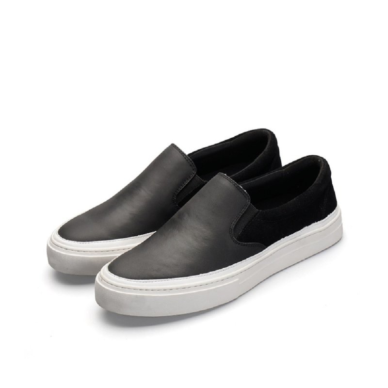 Black Calfskin Retro Loafers Handcrafted Slip-Ons - รองเท้าลำลองผู้ชาย - เส้นใยสังเคราะห์ สีดำ