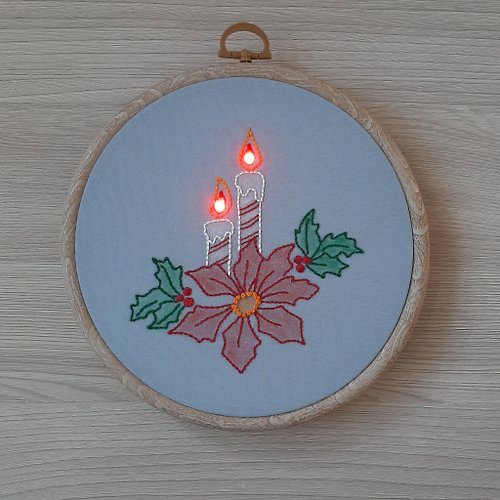 Embroidery Dreams 繡圖 Embroidered picture with LED lamps Christmas poinsettia, hand embroidery gift