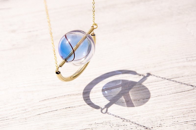 / Geometric style / French stripe mouth blown glass necklace short chain long chain clavicle chain-blue universe planet stars - Long Necklaces - Glass Blue