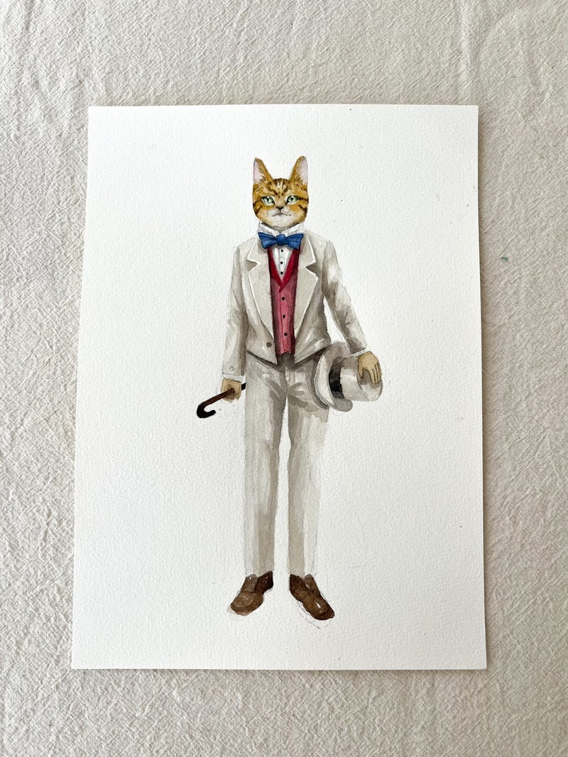 Suit series Baron cat watercolor original painting - ภาพวาดบุคคล - กระดาษ สีดำ